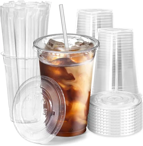 Miniatura 7 de Fit Meal Prep Paquete de 100 tazas de plástico para café helado de 32 onzas con tapas planas y pajitas transparentes, vasos transparentes