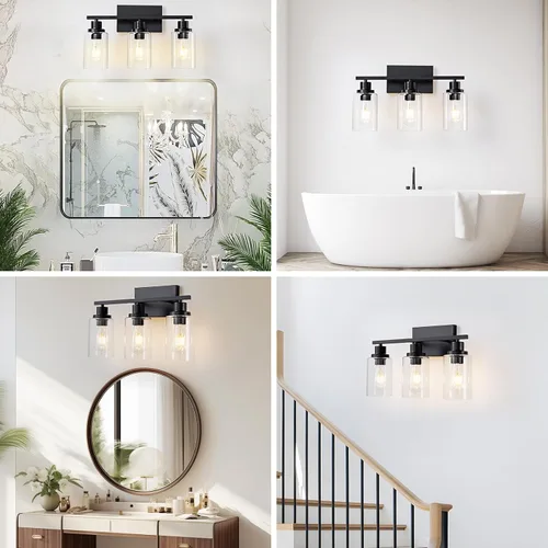 Miniatura 5 de Lámparas de Baño de 3 Luces Negras para Vanidad Sobre Espejo Apliques de Pared de Iluminación Moderna de Casa de Campo Lámpara de Pared Industrial