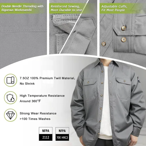 Miniatura 5 de FR Shirts - Camisa de soldadura resistente a las llamas de 7.5 onzas, ropa ignífuga 100% C FR para hombres, chaqueta ignífuga para hombres para Gris