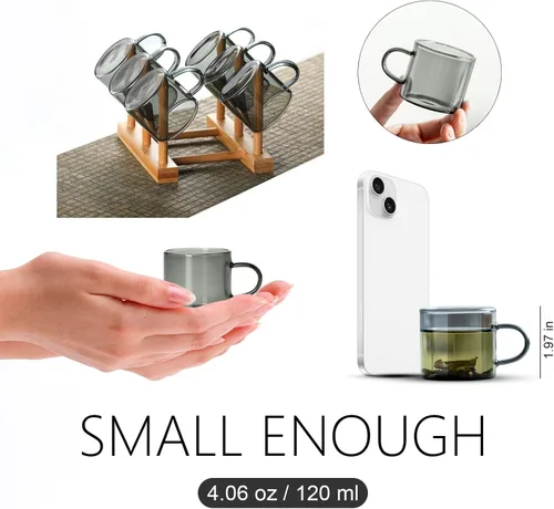 Miniatura 2 de Kung Fu - Juego de 6 tazas de té de vidrio pequeñas (4.06 onzas/4.1 fl oz) + juego de soporte en gris ahumado, decoración de utensilios de té chino