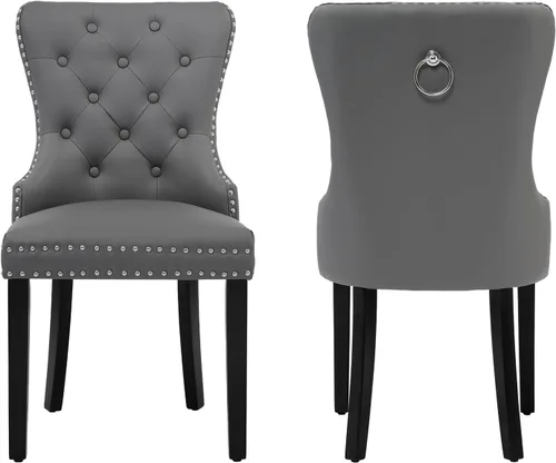 Miniatura 11 de adochr Juego de 2 sillas de comedor de terciopelo, sillas de comedor tapizadas acolchadas con anillo de tracción y patas de acero inoxidable, beige