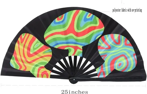 Miniatura 49 de HeyToo Ventilador de mano grande para mujeres/hombres, con brillo UV, para Drag Queen, cosplay, EDM, club, fiesta, música, festival, baile, Cuadrado