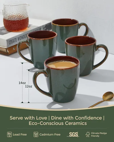Miniatura 3 de Taza de café Pokini 14 oz, juego de 4 tazas de café de cerámica, taza con esmalte reactivo para café con leche/té/capuchino, juego de tazas grandes