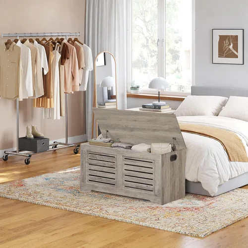 Miniatura 7 de DINZI LVJ Cofre de almacenamiento, caja de juguetes de madera de 39.4” con 2 bisagras de seguridad, banco de almacenamiento de zapatos retro