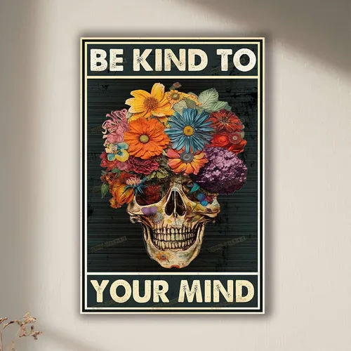 Miniatura 2 de TSEZLOJH Lienzo decorativo para pared, diseño de flores con texto en inglés «Be Kind to Your Mind», diseño retro para tus familiares y amigos, marco