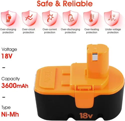 Miniatura 2 de Batería de repuesto Ni-Mh de 3600 mAh para batería Ryobi de 18 V P100 P101 ABP1801 ABP1803 BPP1820 compatible con batería Ryobi 18 Herramientas