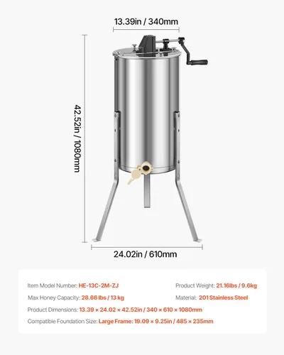 Miniatura 7 de VEVOR Extractor de miel, extractor manual de miel de 2 marcos con tapa transparente, tambor giratorio de acero inoxidable con soporte ajustable