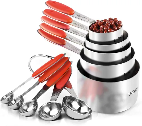 Tazas medidoras U-Taste Juego de 10 tazas y cucharas medidoras de acero inoxidable 18/8, mango de grosor mejorado (color rojo)