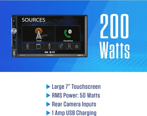 Miniatura 2 de Jensen CMR270 Estéreo de coche doble DIN de 7 pulgadas Pantalla táctil de medios digitales LED Bluetooth Asistente Push to Talk Entrada