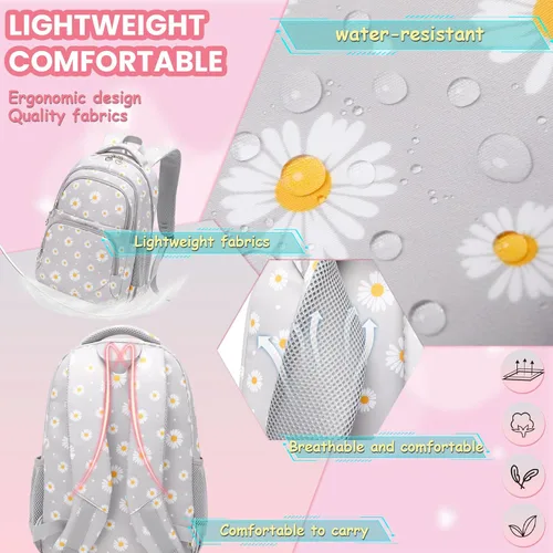 Miniatura 4 de YJMKOI Mochila con estampado de margaritas para niñas de secundaria y primaria, juego de mochila con lonchera (negro)