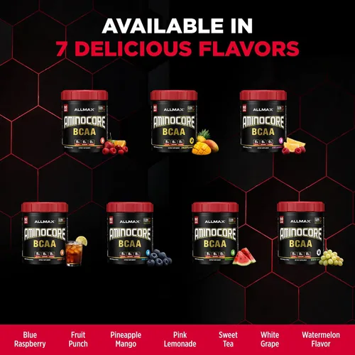 Miniatura 7 de ALLMAX Nutrition AMINOCORE BCAA en polvo, 0.29oz de aminoácidos, bebida de recuperación intra y después del entrenamiento, sin gluten, frambuesa