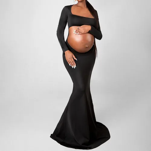 Miniatura 5 de AIFOTO Vestido de maternidad sexy expuesto vientre de manga larga sin espalda cuello cuadrado recortado vestidos de fotografía vestidos de sesión