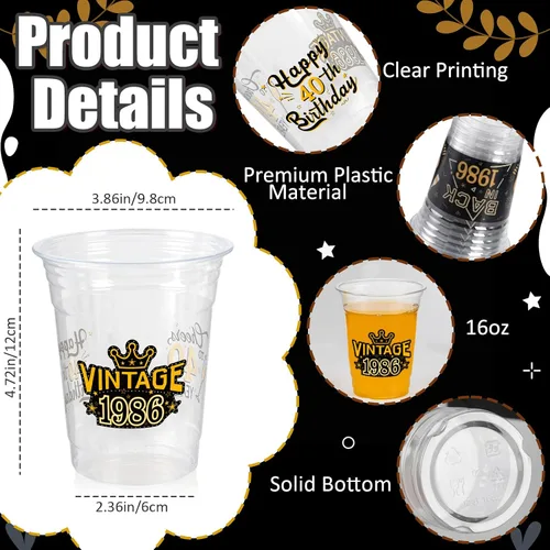 Miniatura 5 de 50 Piezas Vasos de Plástico para Fiesta de Cumpleaños 40 a Granel, 16 Oz Vasos de Beber Desechables de Plástico Transparente Negro Dorado