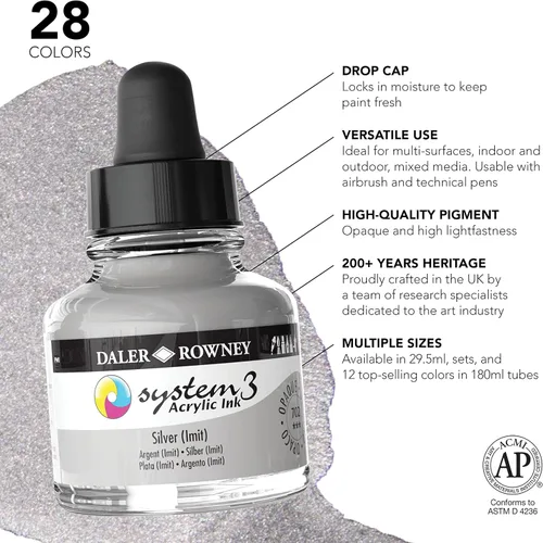 Miniatura 3 de Daler-Rowney System3 - Botella de tinta acrílica Silver Imit de 1.0 fl oz – Tinta acrílica versátil para artistas y estudiantes – Tinta