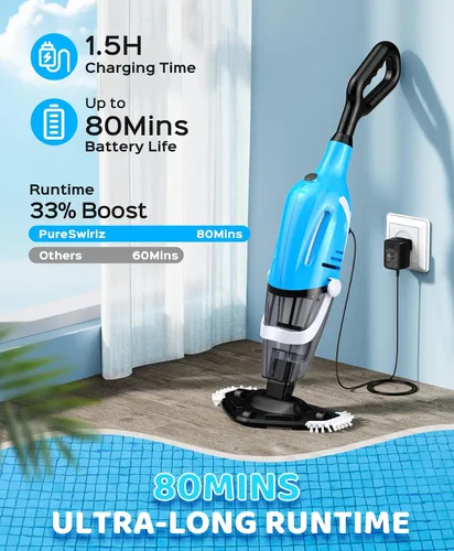 Miniatura 3 de Aspiradora de piscina para piscina sobre el suelo con un poste telescópico, 80 minutos de tiempo de funcionamiento, limpiador de piscina recargable