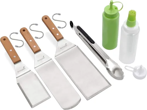 Miniatura 9 de Juego de espátulas de metal para hamburguesas de acero inoxidable, espátula para parrilla de barbacoa, parte superior plana Juego de mango de madera