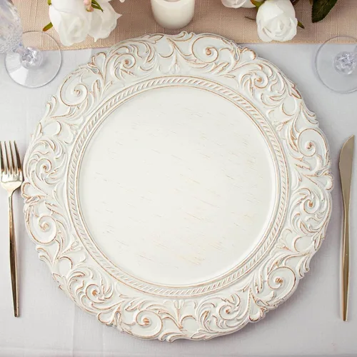 Miniatura 10 de Efavormart juego de 6 platos de plástico redondos de 35.56 cm, negro/dorado con diseño barroco grabado en el borde para eventos de boda y fiesta