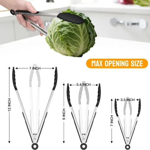Miniatura 8 de HOTEC Pinzas de cocina de acero inoxidable de alta calidad con puntas de silicona, juego de pinzas de cocina resistentes al calor, juego de 3-7, 9