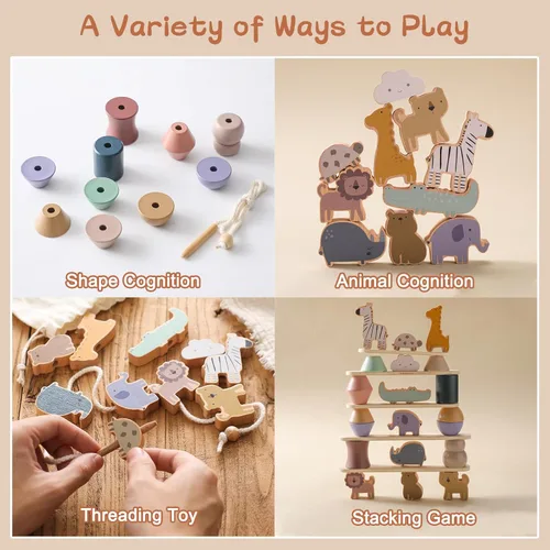 Miniatura 2 de Juguetes de animales de madera con cuentas para enhebrar y abrochar para niños de 3, 4 y 5 años, bloques apilables y juguete de equilibrio, juguete