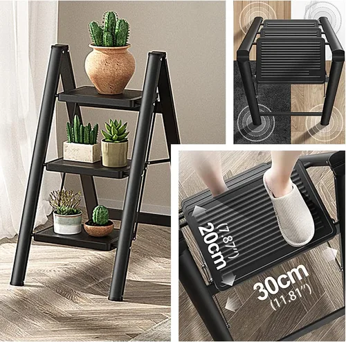 Miniatura 2 de Hershii Taburete plegable portátil de 3 escalones con pedal antideslizante, resistente y ancho, escalera de metal de acero para el hogar, estante