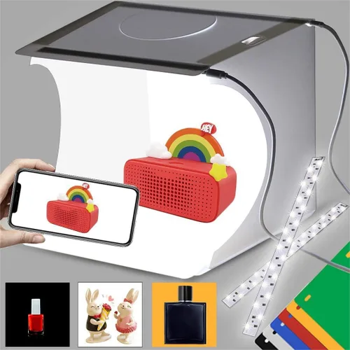 DUCLUS Mini caja de luz de estudio fotográfico, kit de tienda de campaña de fotografía plegable portátil con 40 luces LED + 6 tipos de fondos de