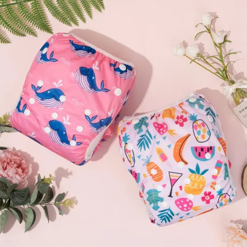 Miniatura 145 de Alva, Pañales de bebé para nadar, paquete de 2 unidades, talle único, reutilizable, lavable y ajustable de 0 a 36 meses. Tamaño de 10 a 40 lbs