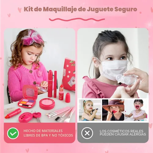 Miniatura 7 de Woumserta Kit de maquillaje de simulación para niños de 3 a 5 años, juego de maquillaje falso azul o beige para niñas pequeñas, regalos