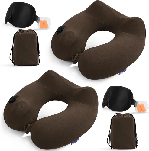 Paquete de 2 almohadas inflables de viaje para el cuello para aviones, almohadas de cuello de terciopelo para adultos para vuelo largo, kit con