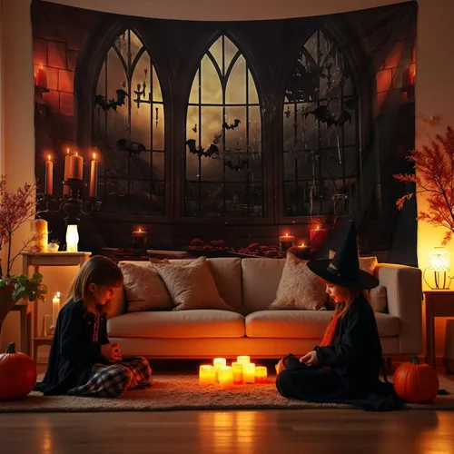 Miniatura 16 de QGHOT Tapiz de Halloween para colgar en la pared, tapiz de castillo de terror con ventana gótica, fondo espeluznante medieval, tapices