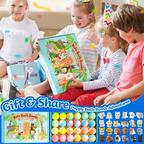 Miniatura 6 de Paquete de 24 bombas de baño para cachorros para niños, cada una con figura sorpresa de perro en el interior, 15 aromas, bombas de baño