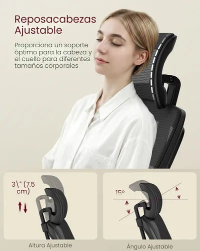 Miniatura 6 de VASAGLE Silla de oficina ergonómica de malla con soporte lumbar ajustable y reposacabezas, función de inclinación de 90-105°, asiento ancho, Negro