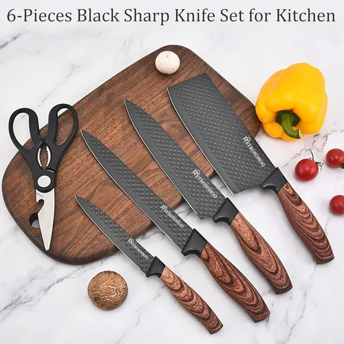 Miniatura 2 de Juego de cuchillos de cocina de 6 piezas, color caqui, afilado, juego de cuchillos de chef de acero inoxidable antiadherentes con bloque de Veta