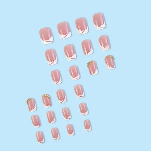 Miniatura 3 de LPOODDNU Uñas postizas cortas de punta francesa a presión, uñas postizas cuadradas, uñas acrílicas rosas con diamantes de imitación, puntas de uñas