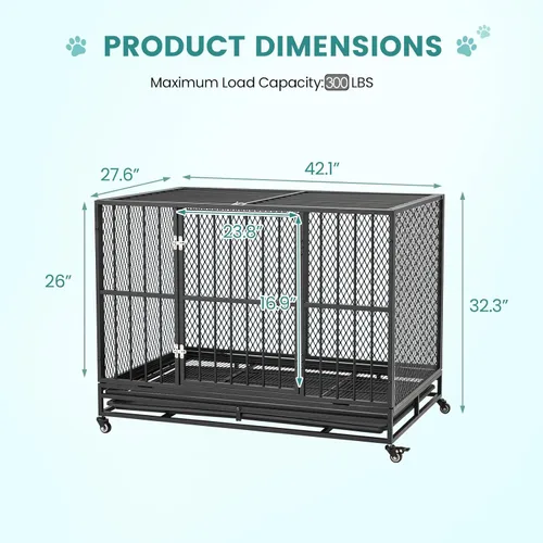 Miniatura 2 de Erinnyees Jaula para perros resistente de 42 pulgadas, perrera plegable para perros medianos y pequeños, jaula de metal con ruedas con bloqueo