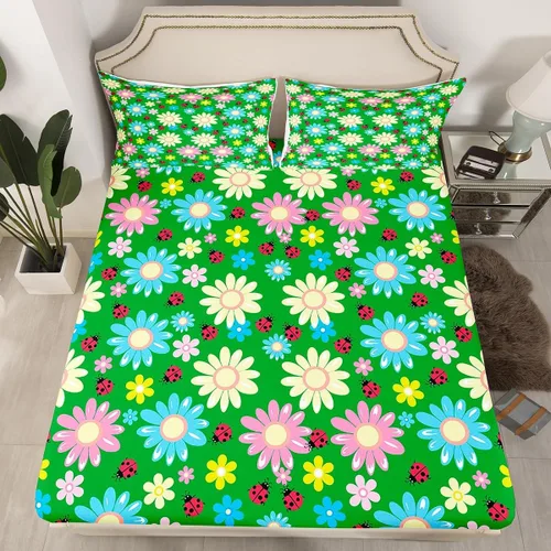 Miniatura 18 de Juego de ropa de cama de flores Groovy de los años 70, sábana bajera ajustable de flores de arco iris para niños y niñas, sábanas de ropa de cama