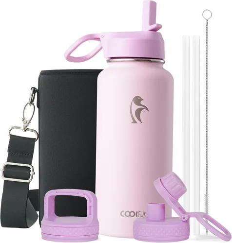 Miniatura 33 de Coolflask Botella de agua de 20 onzas aislada con pajilla, 3 tapas de metal de acero inoxidable, botella de agua de boca ancha para deportes u