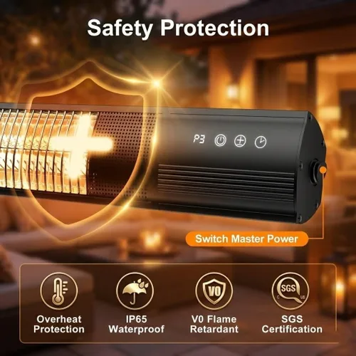 Miniatura 5 de Calentador eléctrico para patio, calentador de pared de 1500 W con control remoto y temporizador de 24 horas, calentador infrarrojo de carbono