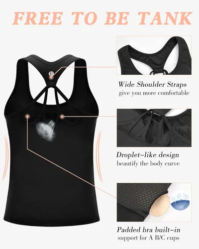 Miniatura 5 de RUNNING GIRL Camisetas sin mangas de yoga para mujer brasier integrado camisetas atléticas recortadas de talla grande Negro