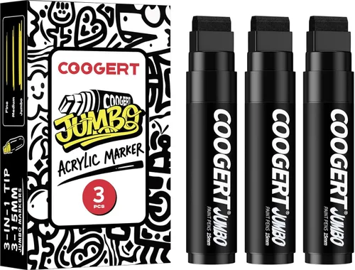 Coogert 3 marcadores de póster gigantes negros, marcadores de graffiti acrílico permanente de 0.59 pulgadas de grosor, marcador de pintura de punta