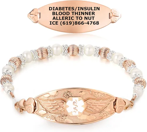 Divoti Lily Pearl - Pulsera de alerta médica con grabado gratuito y etiqueta de ala de ángel estilo y tamaño acero inoxidable Rose gold 13155RGWH-75