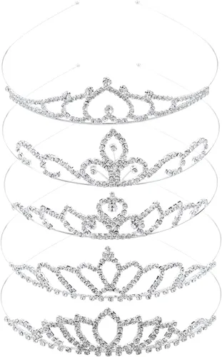 Cinaci Paquete de 5 diademas de metal plateado con diamantes de imitación brillantes y brillantes, coronas para el cabello, tiaras, accesorios para