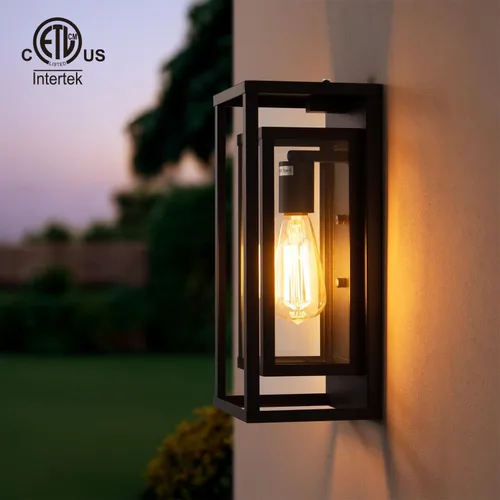 Miniatura 2 de mirrea Aplique de pared para exteriores de 14 pulgadas, 1 luz en negro mate, marco de metal rectangular y pantalla de vidrio transparente, luz