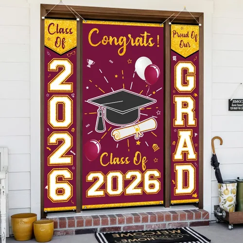 Miniatura 7 de Letrero de graduación granate y dorado para porche, decoración de graduación de Calss of 2026, 3 unidades, pancarta de graduación Cartel