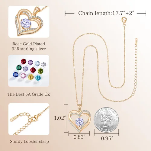 Miniatura 66 de LOUISA SECRET Love Heart Birthstone Necklaces for Women, Birthday Gift for Women, Anniversary Jewelry for Wife Her, 925 Sterling Silver Pendant