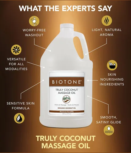 Miniatura 4 de BIOTONE Aceite de masaje de coco verdaderamente con aceite de coco orgánico, elimina la tensión y promueve la relajación profunda, ligero, versátil