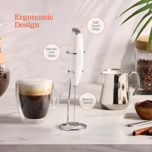 Miniatura 4 de Espumador de leche de mano potente, mini espumador de leche, mezclador de bebidas con batería y acero inoxidable con soporte para espumador Blanco