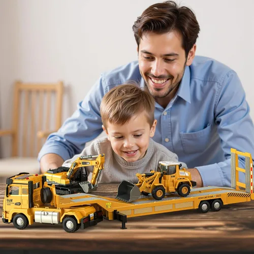 Miniatura 5 de Pupu Pig Juguetes para niños de 3, 4, 5, 6, 7 años, juego de juguetes de construcción fundidos a presión con semircamión, excavadora, niveladora