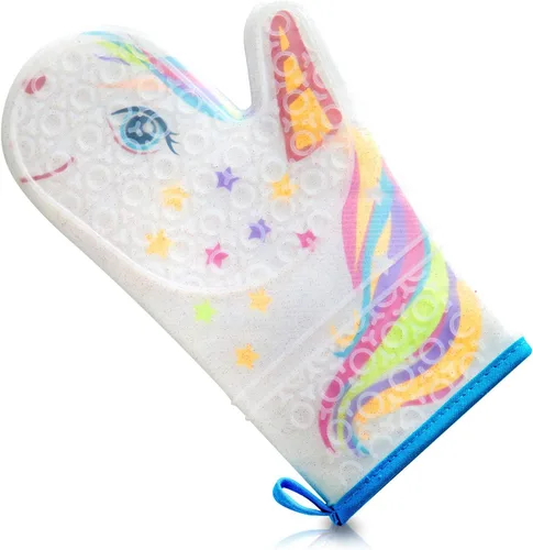 Guante de horno de silicona con diseño de unicornio mágico con purpurina, guantes de cocina resistentes al calor, silicona suave, forro de tela