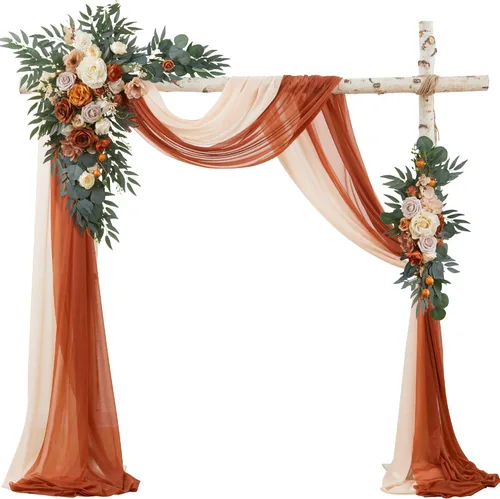 Kit de flores para arco de boda con cortinas (paquete de 4) – 2 guirnaldas artificiales de terracota de lujo con 2 cortinas transparentes para