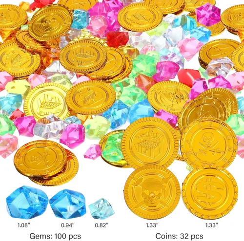 Miniatura 3 de Enhon Caja de juguetes de cofre del tesoro pirata de 147 piezas con cerradura y 1 mapa del tesoro, 100 gemas coloridas, 40 monedas de pirata, 4